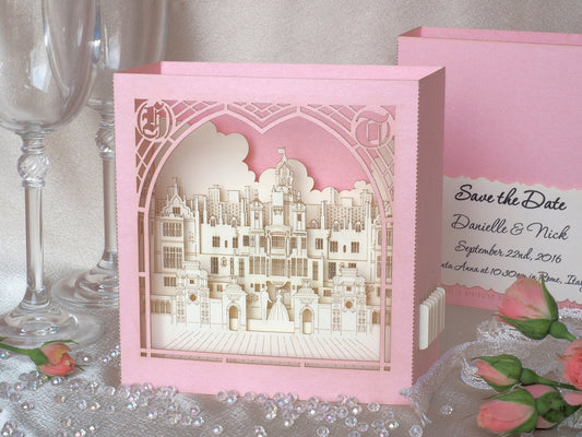 Custom wedding invitation Harlaxton Manor Lincolnshire England pop-up card - ColibriGift
