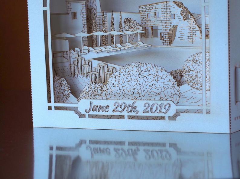 Custom wedding invitation Hotel Le Vieux Castillon France pop-up card - ColibriGift