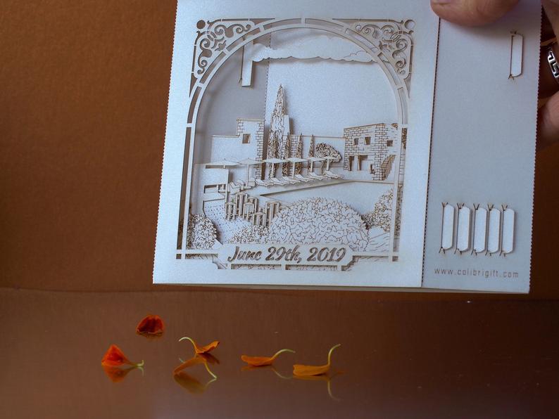 Custom wedding invitation Hotel Le Vieux Castillon France pop-up card - ColibriGift