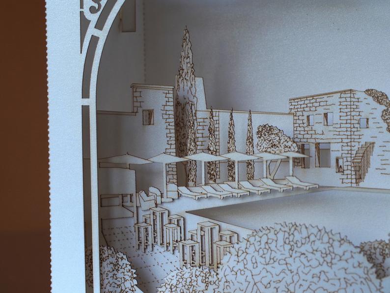 Custom wedding invitation Hotel Le Vieux Castillon France pop-up card - ColibriGift
