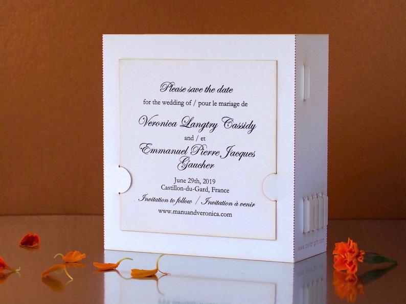 Custom wedding invitation Hotel Le Vieux Castillon France pop-up card - ColibriGift