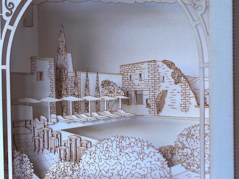 Custom wedding invitation Hotel Le Vieux Castillon France pop-up card - ColibriGift