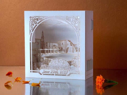 Custom wedding invitation Hotel Le Vieux Castillon France pop-up card - ColibriGift