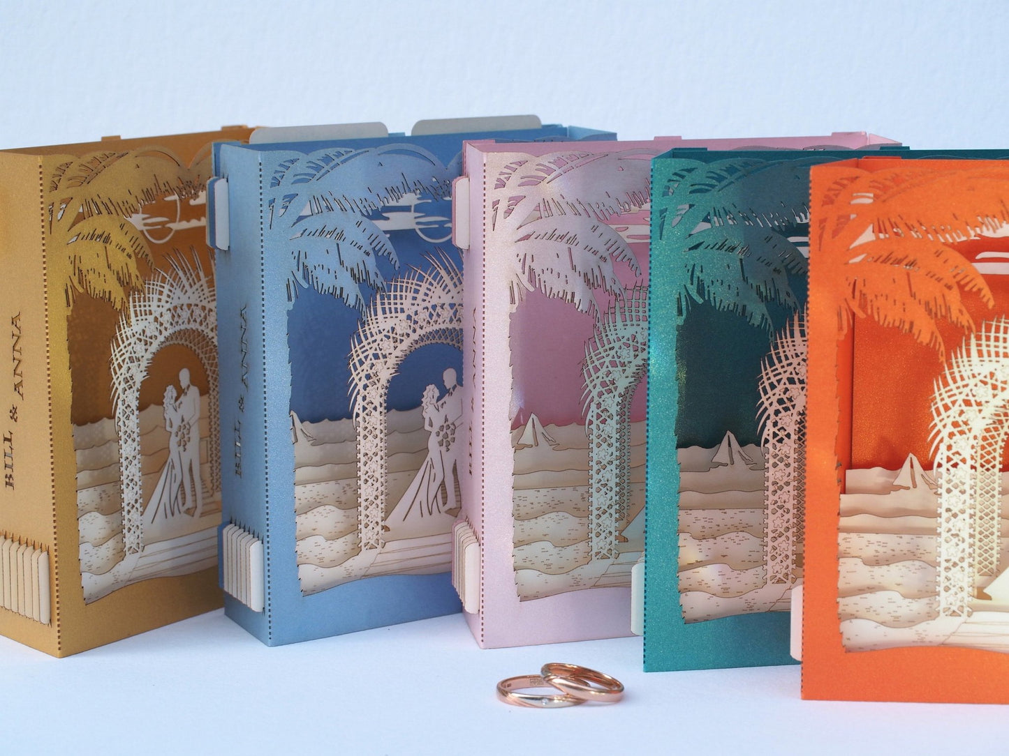 Custom wedding invitation pop-up cards with Beach Palm Arch - ColibriGift
