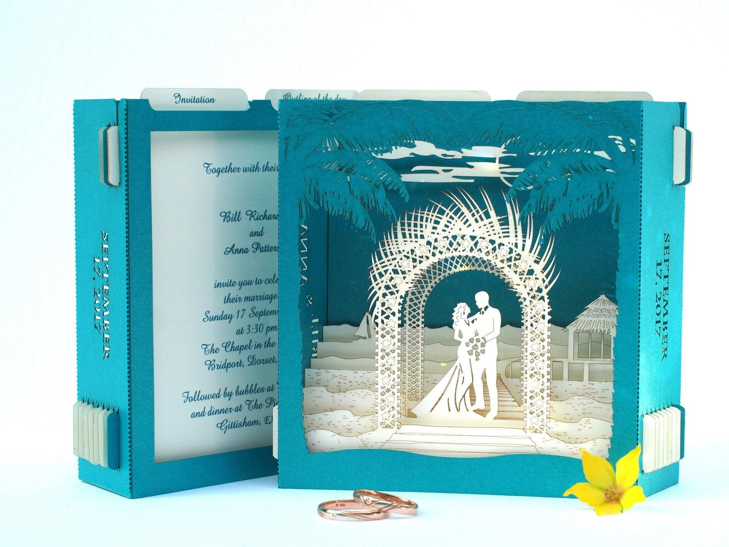 Custom wedding invitation pop-up cards with Beach Palm Arch - ColibriGift