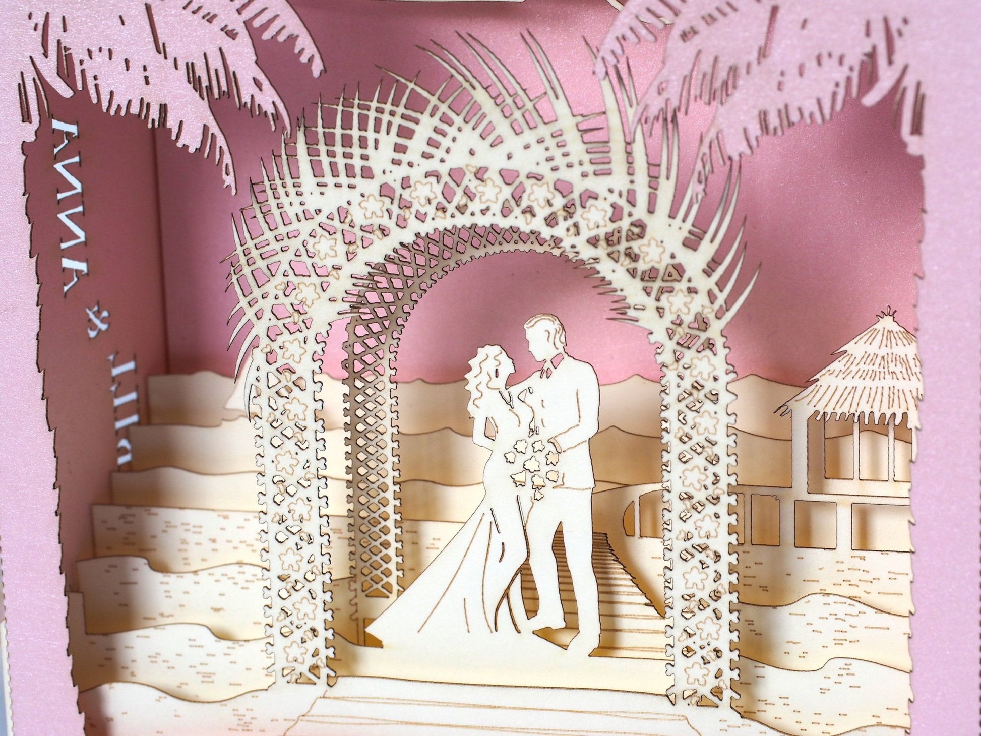 Custom wedding invitation pop-up cards with Beach Palm Arch - ColibriGift
