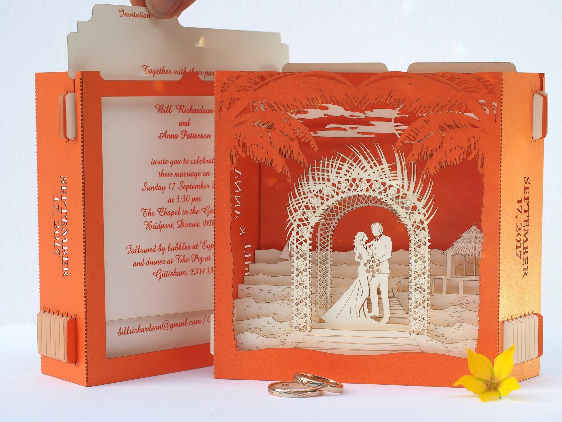 Custom wedding invitation pop-up cards with Beach Palm Arch - ColibriGift