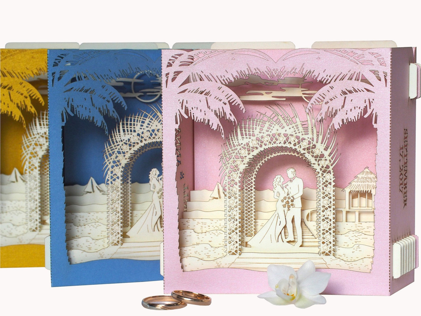 Custom wedding invitation pop-up cards with Beach Palm Arch - ColibriGift