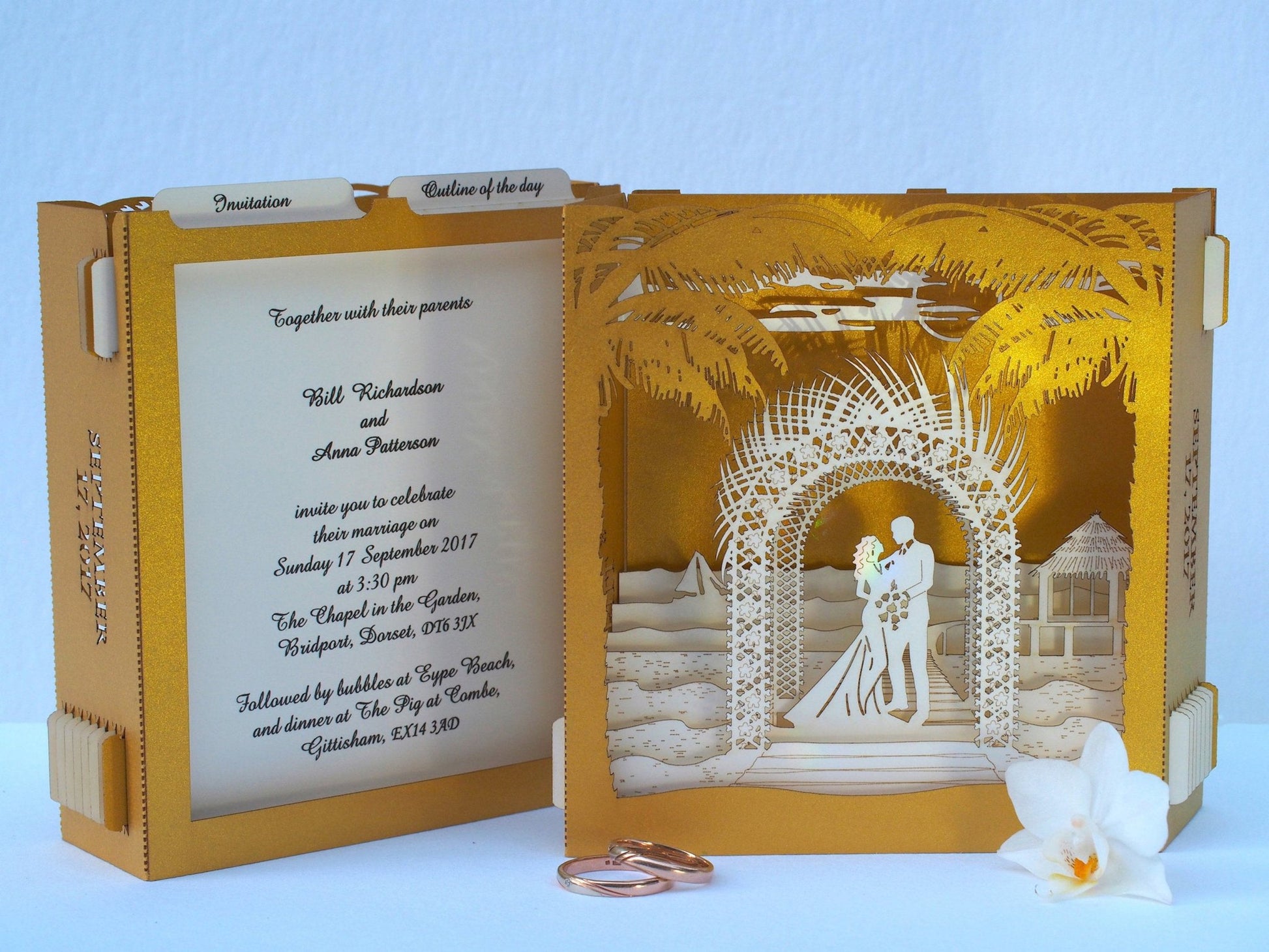 Custom wedding invitation pop-up cards with Beach Palm Arch - ColibriGift
