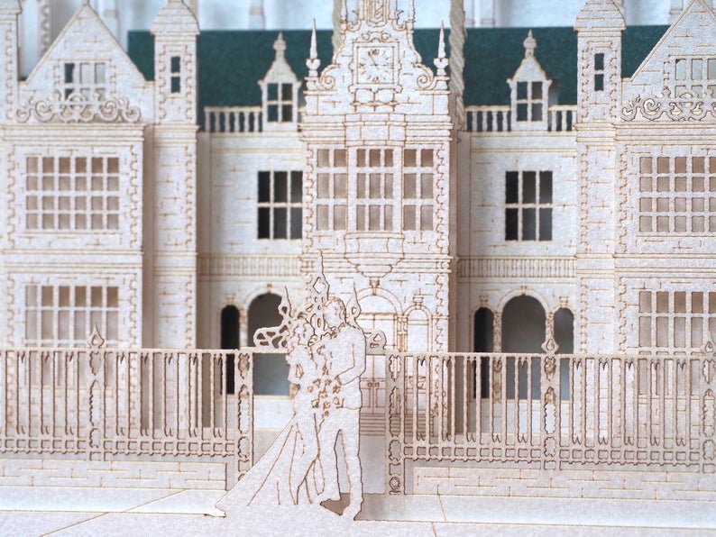 Custom wedding invitation Stoke Rochford Hall in Lincolnshire England pop-up card - ColibriGift