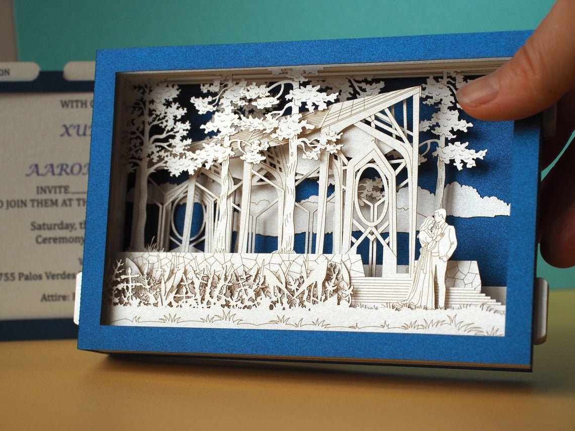 Custom wedding invitation the Anthony Chapel Complex at Garvan Woodland Gardens pop-up card - ColibriGift