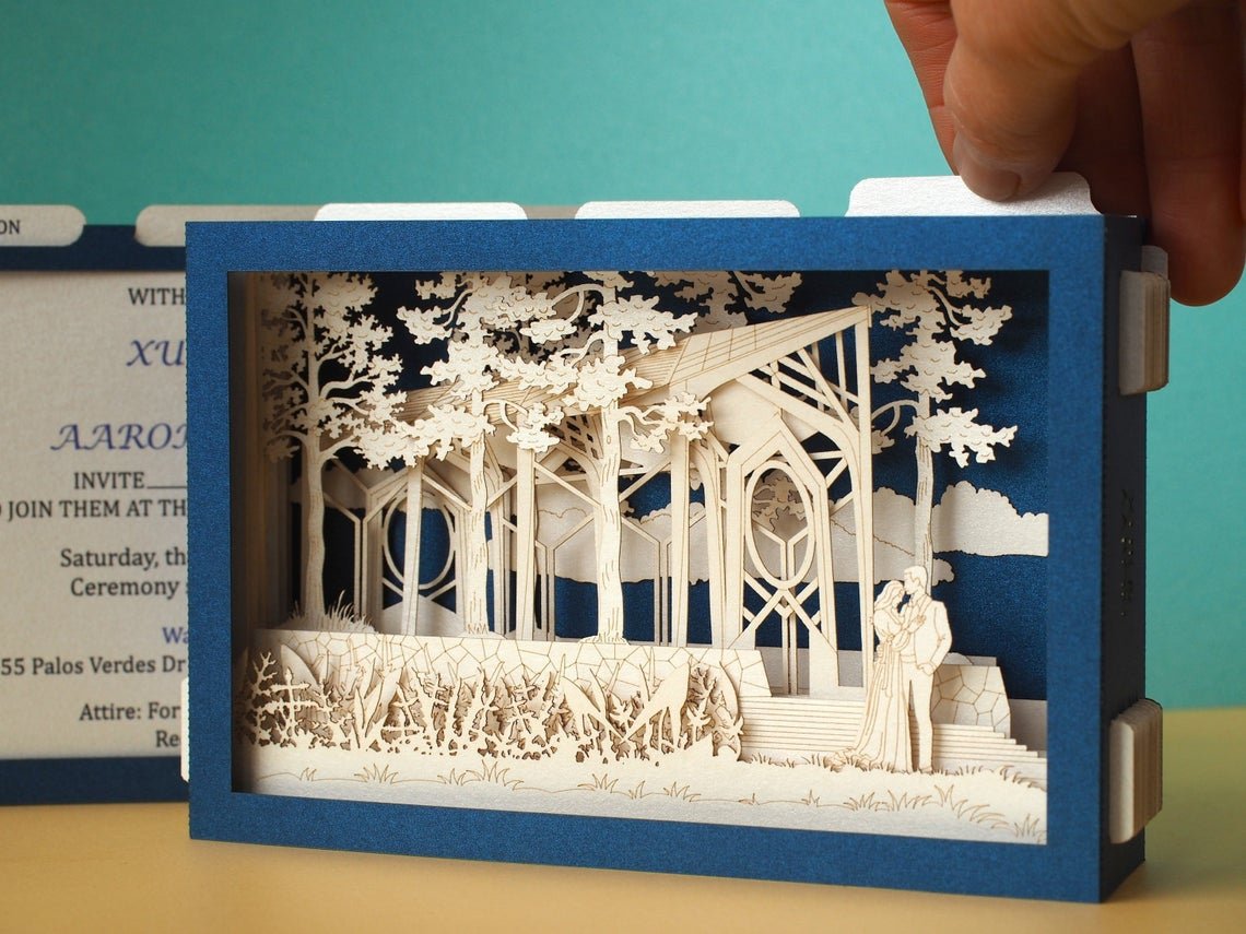 Custom wedding invitation the Anthony Chapel Complex at Garvan Woodland Gardens pop-up card - ColibriGift