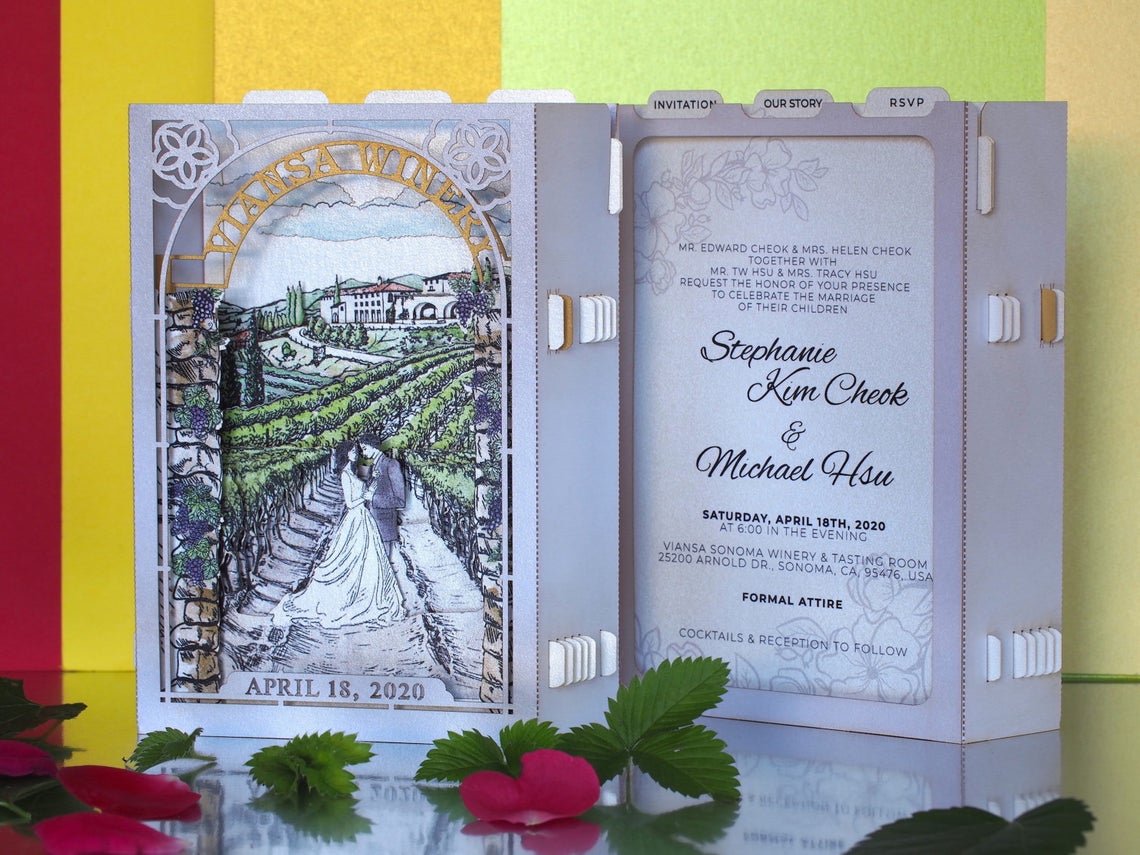 Custom wedding invitation Viansa winery Sonoma Valley pop-up card - ColibriGift