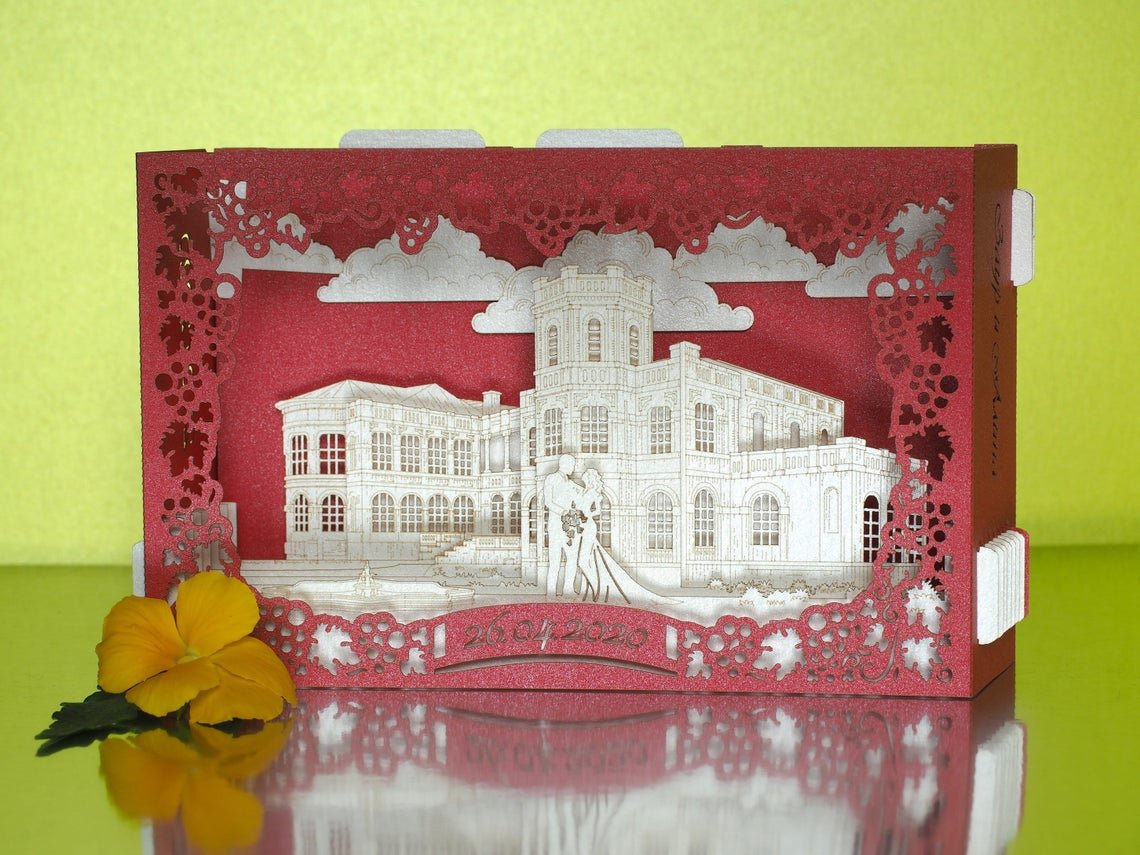 Custom wedding invitation Vineyards Chateau Mukhrani Georgia Tbilisi pop-up card - ColibriGift