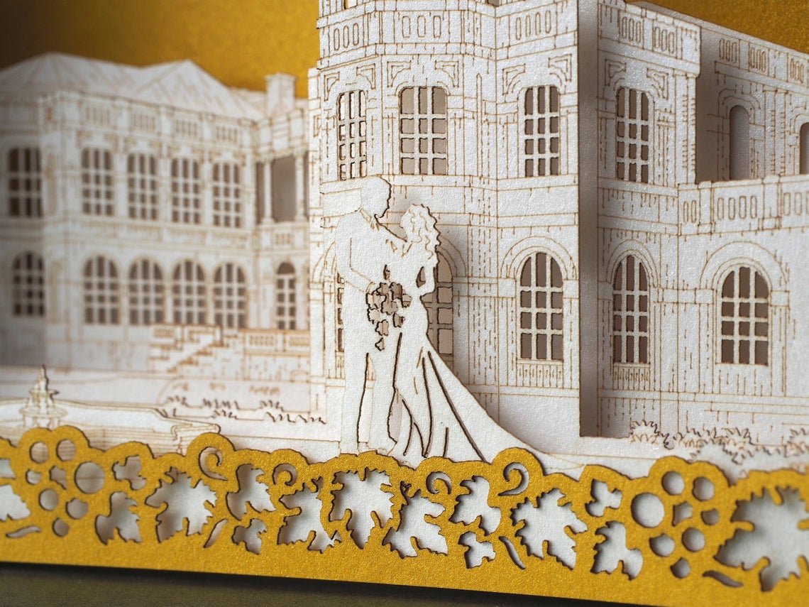Custom wedding invitation Vineyards Chateau Mukhrani Georgia Tbilisi pop-up card - ColibriGift