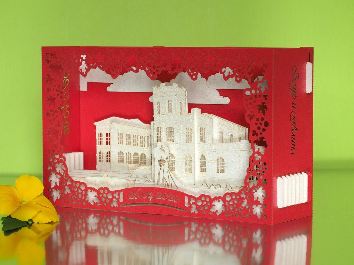 Custom wedding invitation Vineyards Chateau Mukhrani Georgia Tbilisi pop-up card - ColibriGift