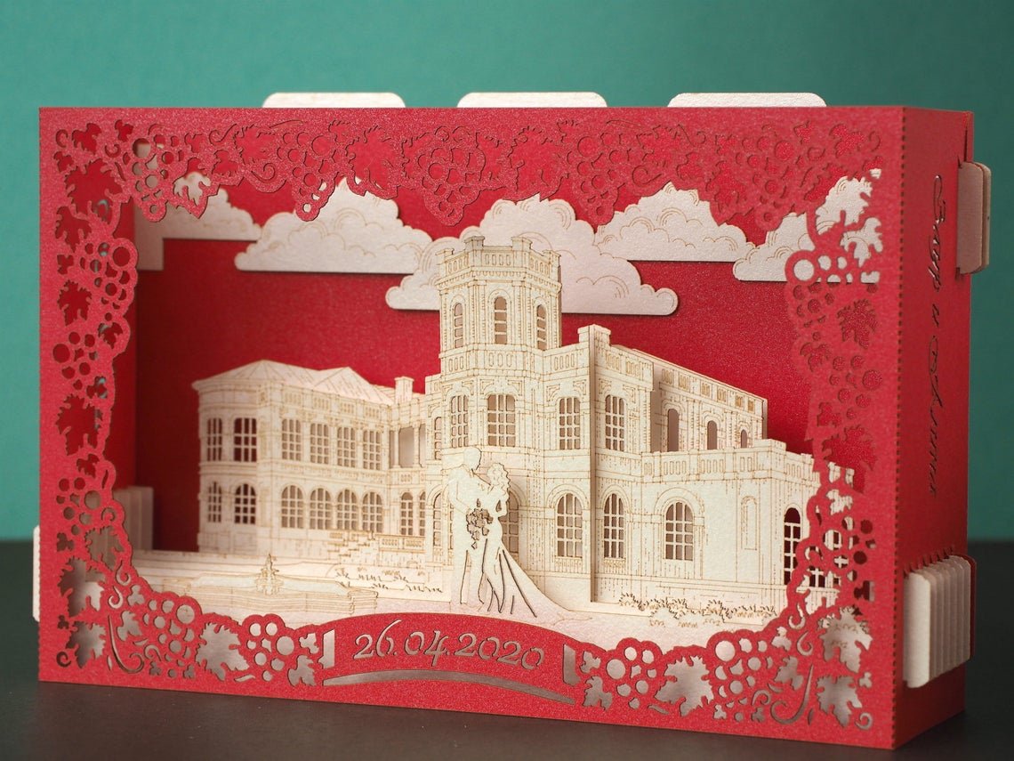 Custom wedding invitation Vineyards Chateau Mukhrani Georgia Tbilisi pop-up card - ColibriGift