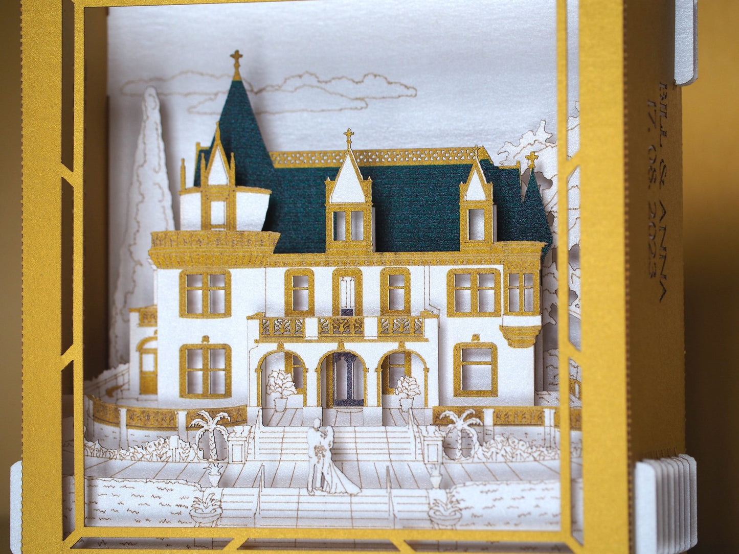 Kimberly Crest House and Gardens wedding invitation card. Pop up box RSVP inserts. Folded 3d invite t. Castle - ColibriGift