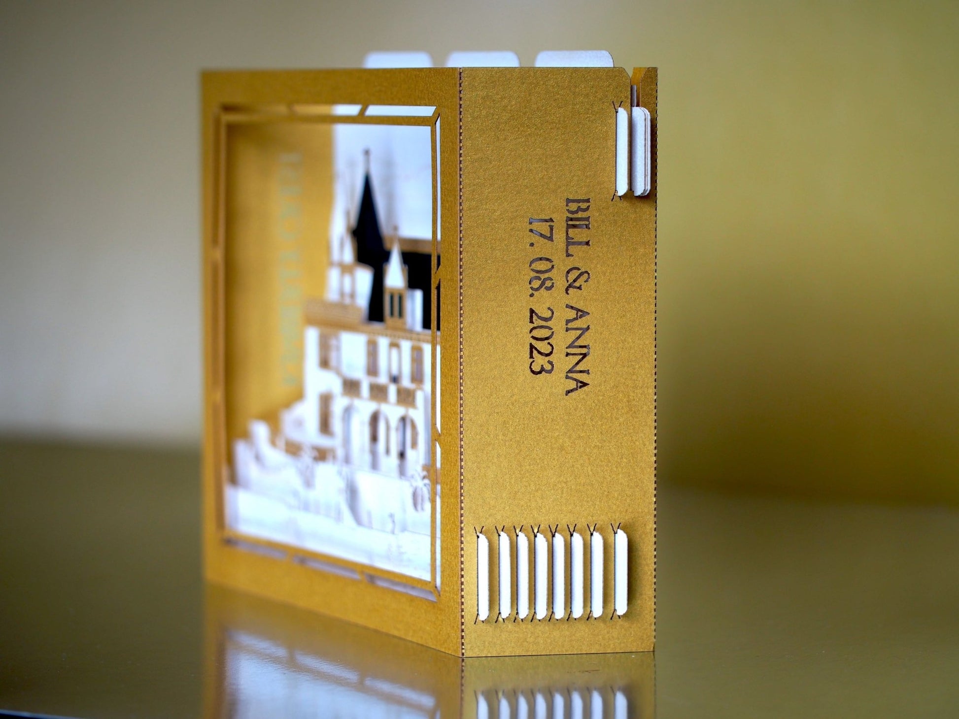 Kimberly Crest House and Gardens wedding invitation card. Pop up box RSVP inserts. Folded 3d invite t. Castle - ColibriGift