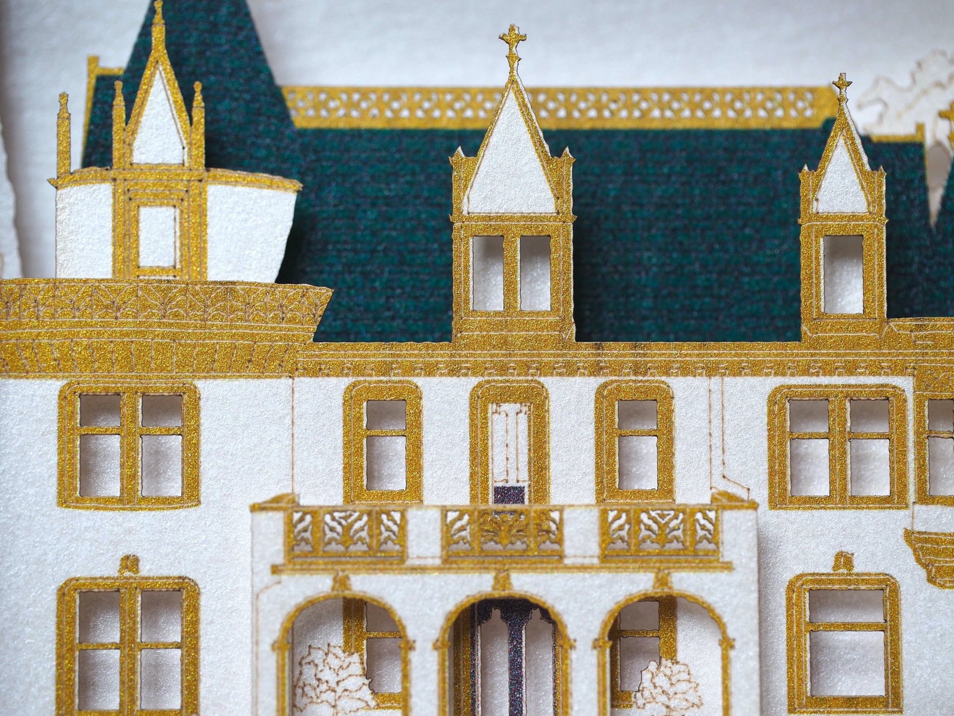 Kimberly Crest House and Gardens wedding invitation card. Pop up box RSVP inserts. Folded 3d invite t. Castle - ColibriGift