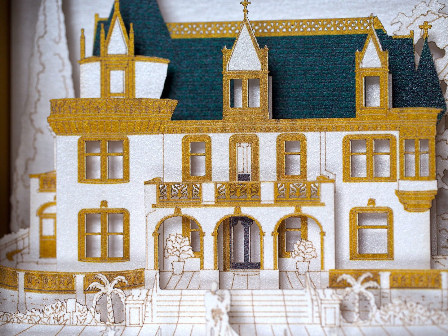Kimberly Crest House and Gardens wedding invitation card. Pop up box RSVP inserts. Folded 3d invite t. Castle - ColibriGift