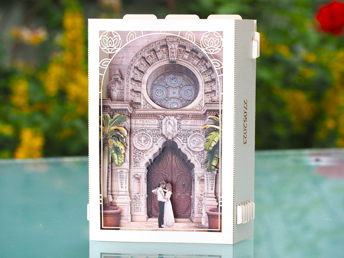 Mission Inn Hotel and Spa wedding invitations. Custom design. Paper pop up card, RSVP . USA Hotel Wedding venue ColibriGift