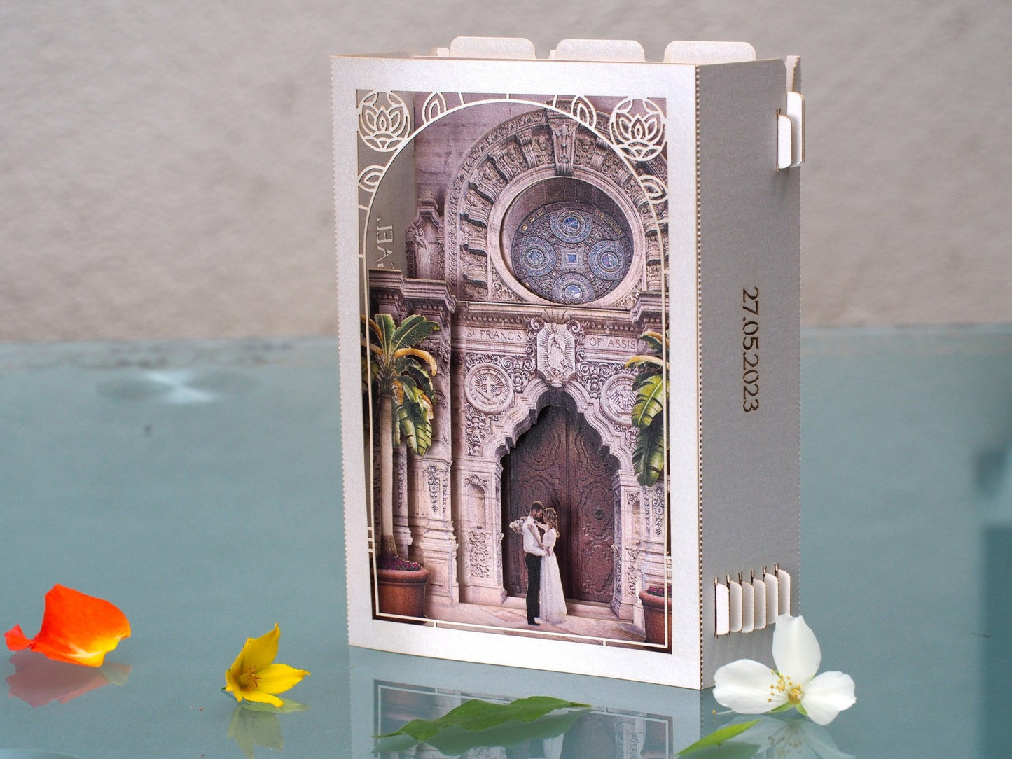 Mission Inn Hotel and Spa wedding invitations. Custom design. Paper pop up card, RSVP . USA Hotel Wedding venue ColibriGift