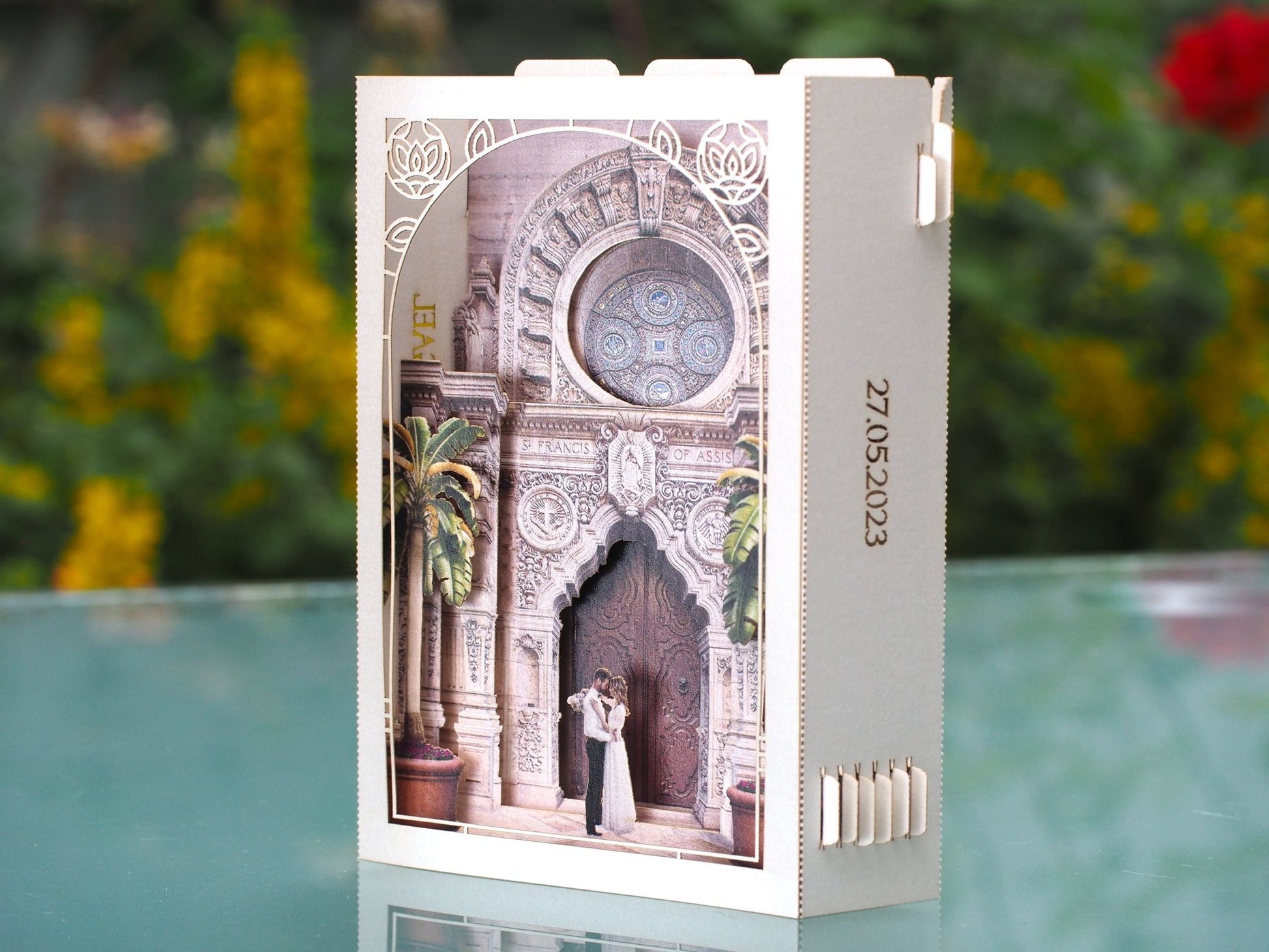 Mission Inn Hotel and Spa wedding invitations. Custom design. Paper pop up card, RSVP . USA Hotel Wedding venue ColibriGift