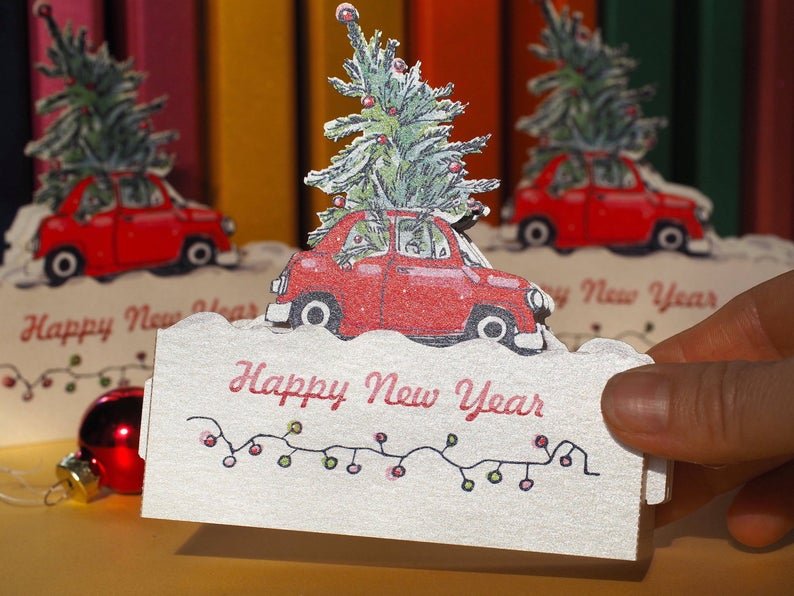 Red Car Merry Christmas Tree pop-up miniature gift - ColibriGift