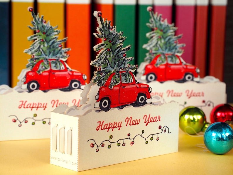 Red Car Merry Christmas Tree pop-up miniature gift - ColibriGift