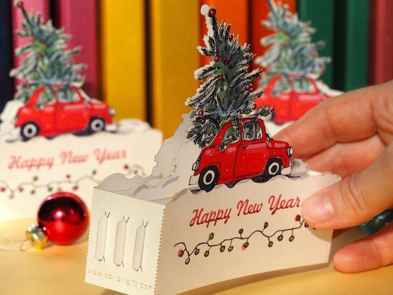 Red Car Merry Christmas Tree pop-up miniature gift - ColibriGift