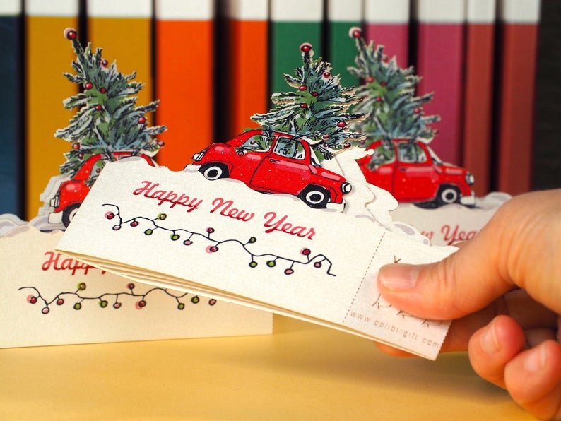 Red Car Merry Christmas Tree pop-up miniature gift - ColibriGift