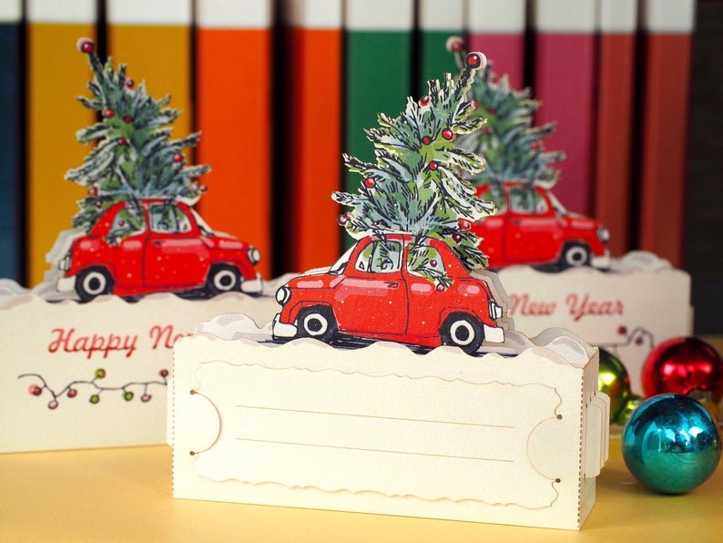 Red Car Merry Christmas Tree pop-up miniature gift - ColibriGift