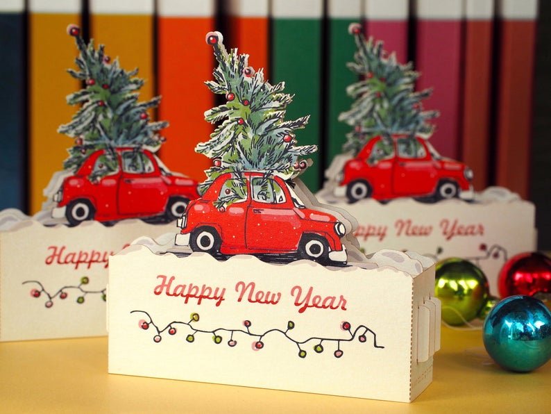 Red Car Merry Christmas Tree pop-up miniature gift - ColibriGift