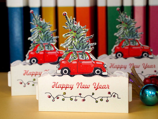 Red Car Merry Christmas Tree pop-up miniature gift - ColibriGift