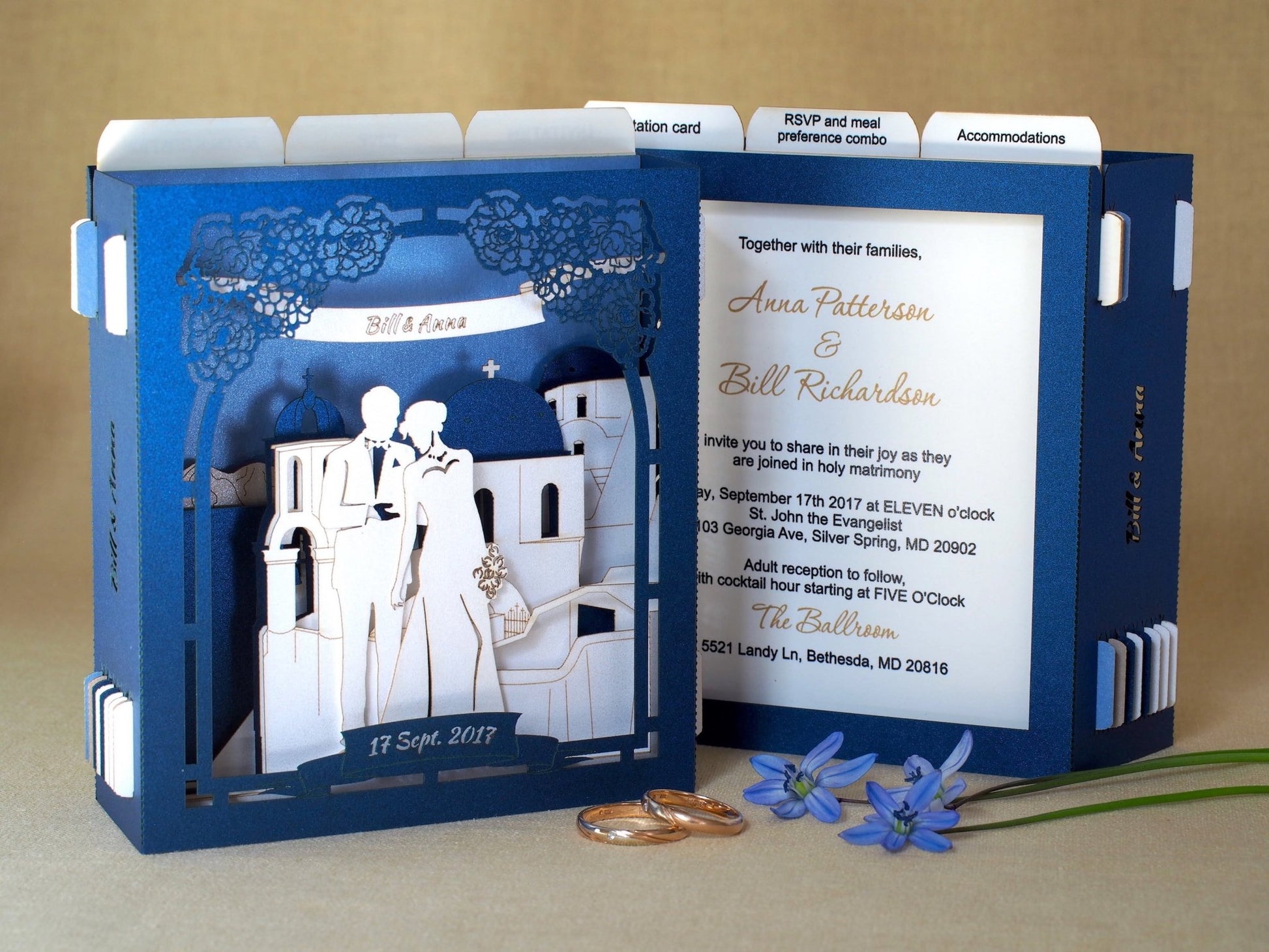 Santorini Greece wedding invitations RSVP pop-up cards Save the Date Sea Beach wedding - ColibriGift