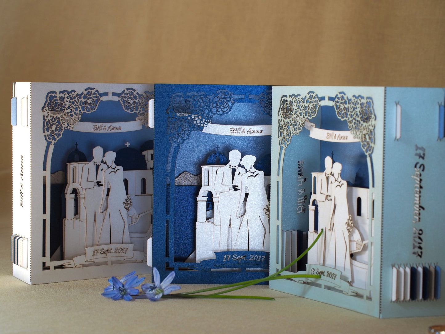 Santorini Greece wedding invitations RSVP pop-up cards Save the Date Sea Beach wedding - ColibriGift