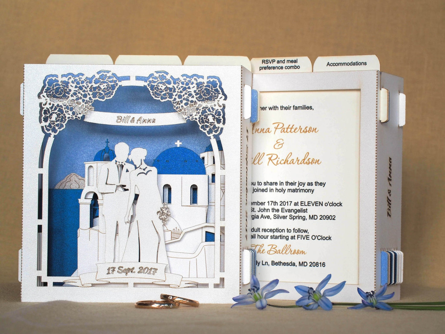 Santorini Greece wedding invitations RSVP pop-up cards Save the Date Sea Beach wedding - ColibriGift