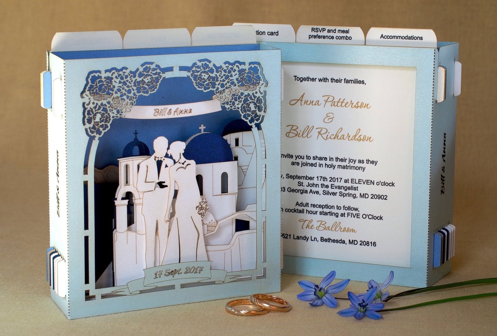 Santorini Greece wedding invitations RSVP pop-up cards Save the Date Sea Beach wedding - ColibriGift