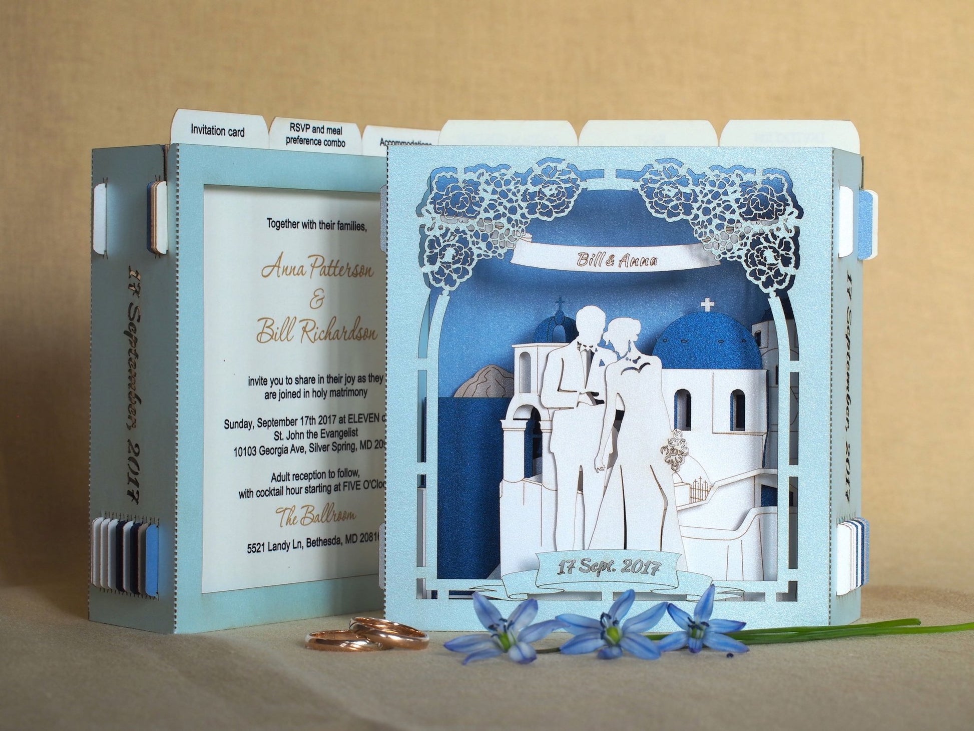 Santorini Greece wedding invitations RSVP pop-up cards Save the Date Sea Beach wedding - ColibriGift