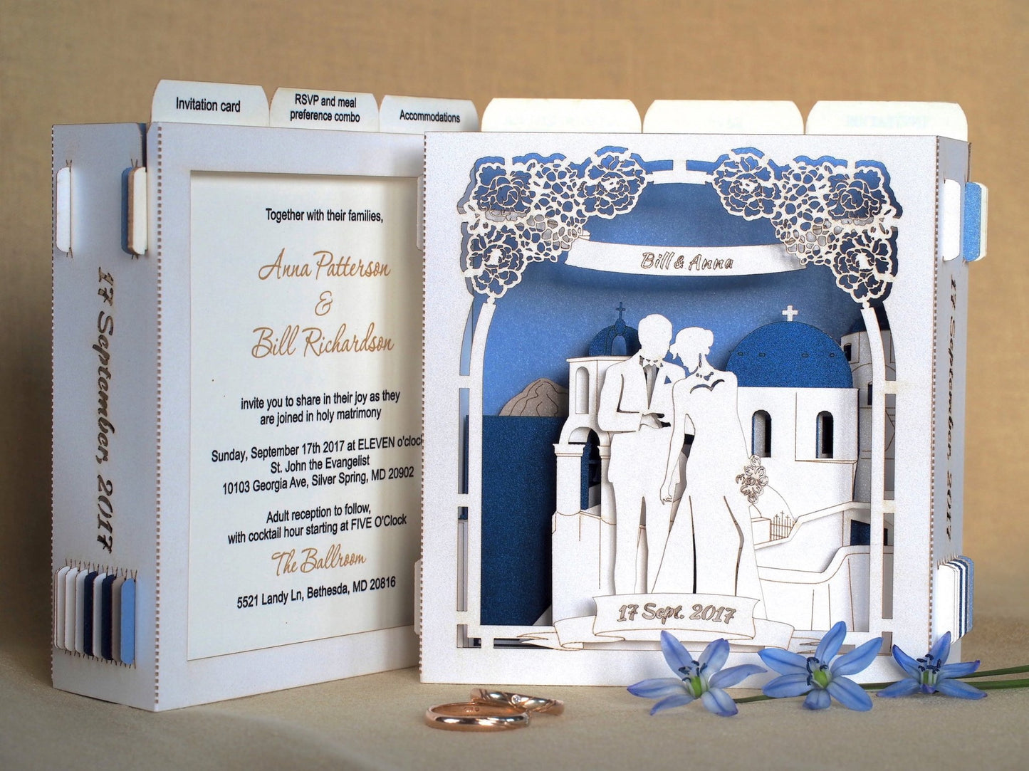 Santorini Greece wedding invitations RSVP pop-up cards Save the Date Sea Beach wedding - ColibriGift