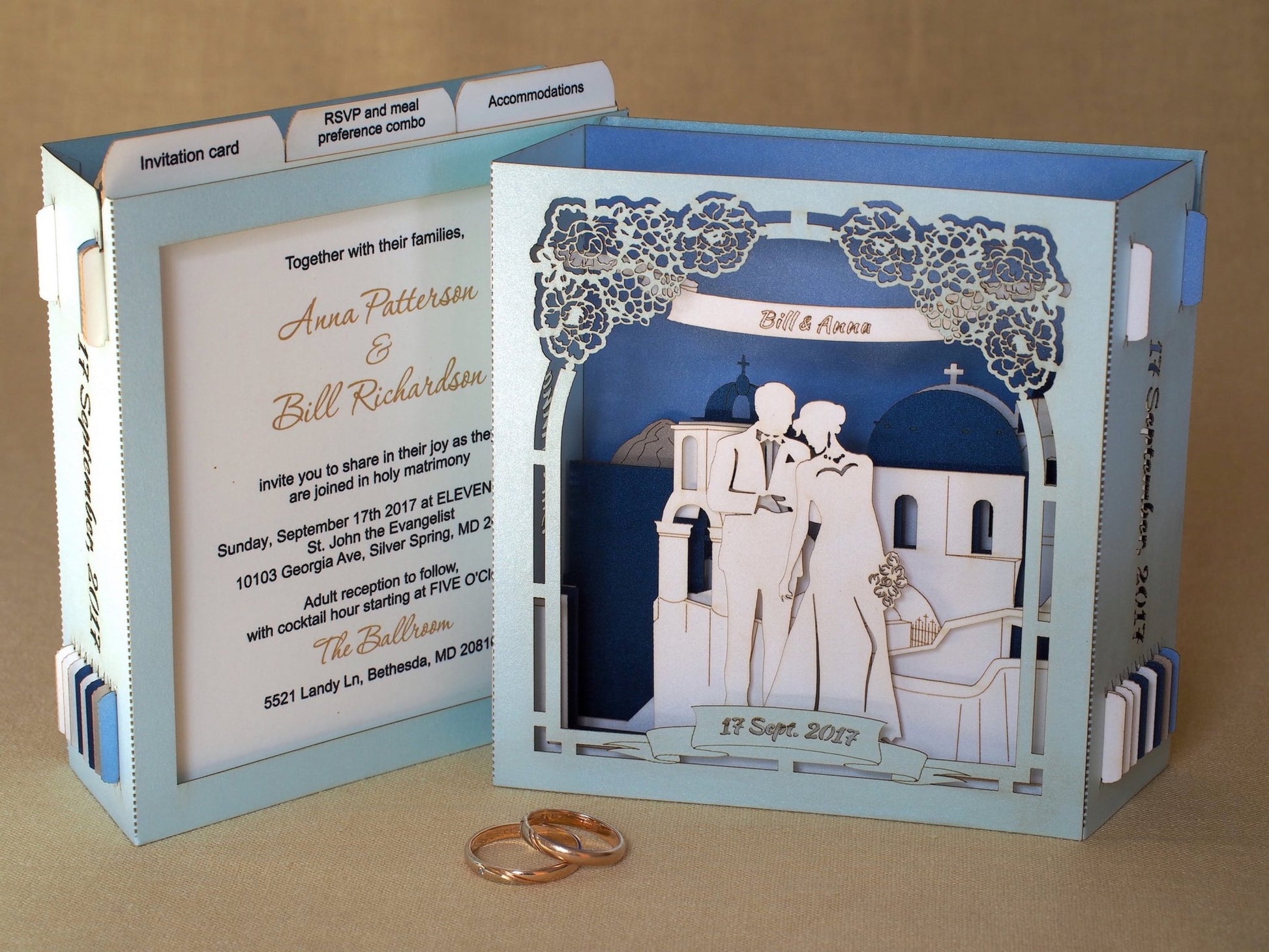 Santorini Greece wedding invitations RSVP pop-up cards Save the Date Sea Beach wedding - ColibriGift