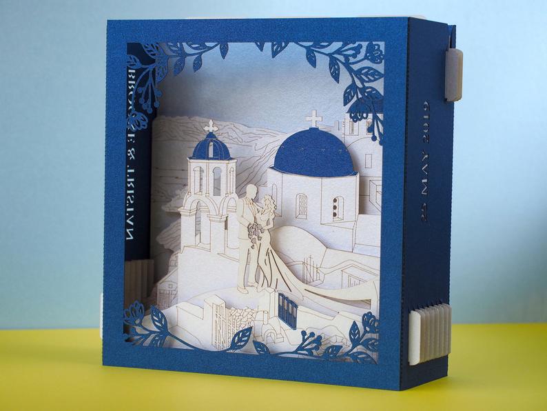 Santorini Greece wedding invitations RSVP Save the Date Sea Beach wedding pop-up cards - ColibriGift