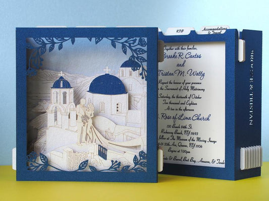 Santorini Greece wedding invitations RSVP Save the Date Sea Beach wedding pop-up cards - ColibriGift