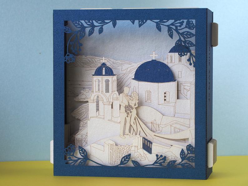 Santorini Greece wedding invitations RSVP Save the Date Sea Beach wedding pop-up cards - ColibriGift