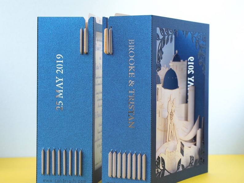 Santorini Greece wedding invitations RSVP Save the Date Sea Beach wedding pop-up cards - ColibriGift