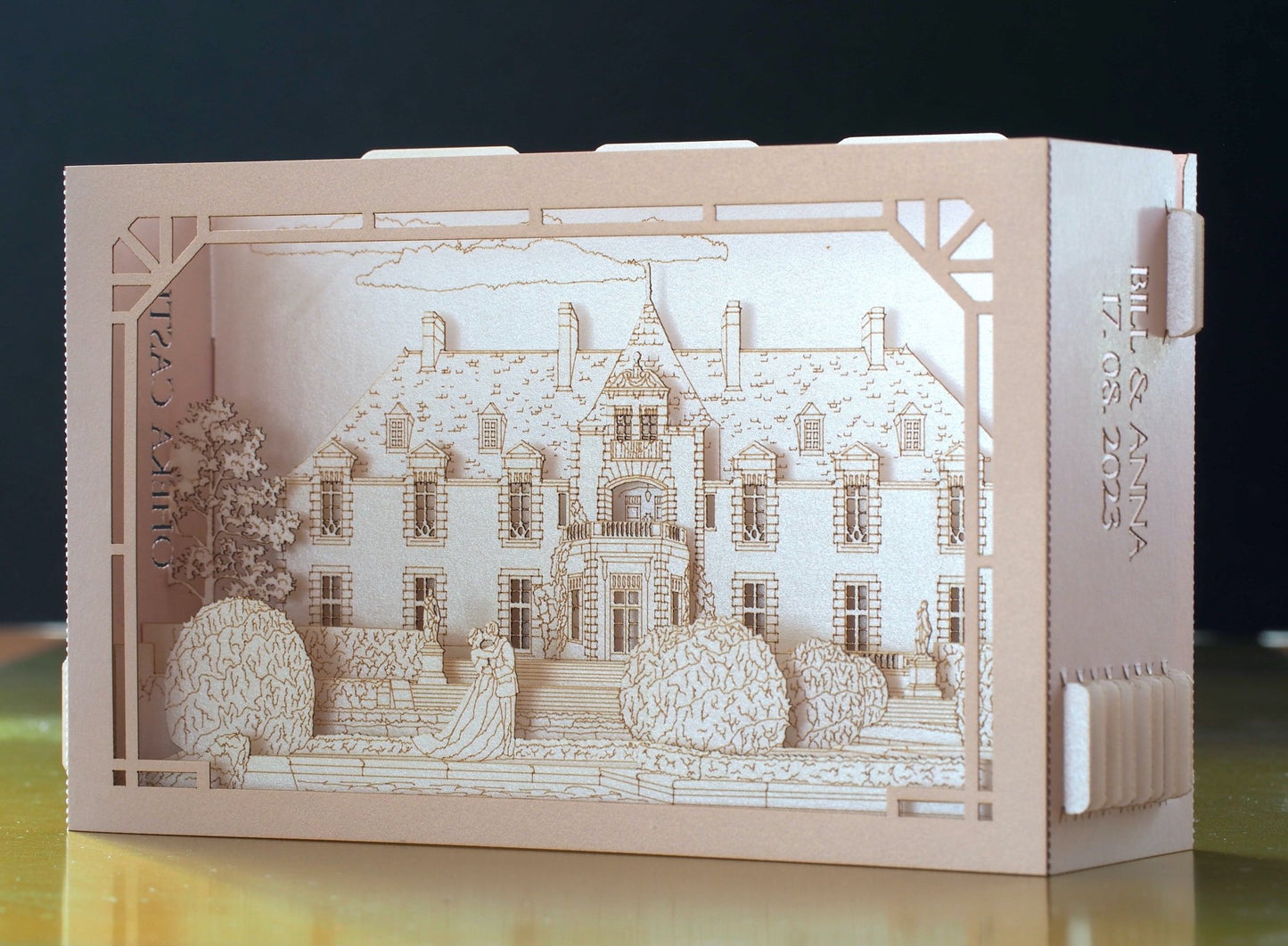 USA wedding. Oheka Castle. Paper pop up invitation card with RSVP Custom design. Marriage invitations. stationery ColibriGift