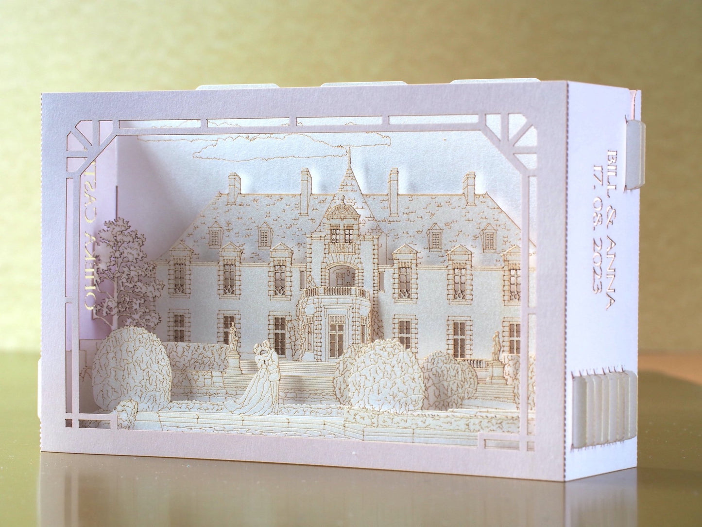 USA wedding. Oheka Castle. Paper pop up invitation card with RSVP Custom design. Marriage invitations. stationery ColibriGift