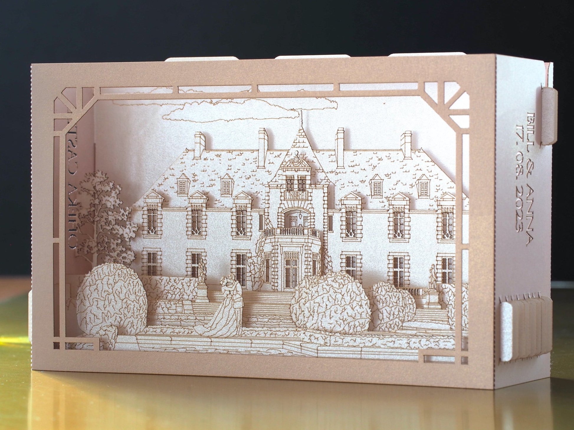 USA wedding. Oheka Castle. Paper pop up invitation card with RSVP Custom design. Marriage invitations. stationery ColibriGift
