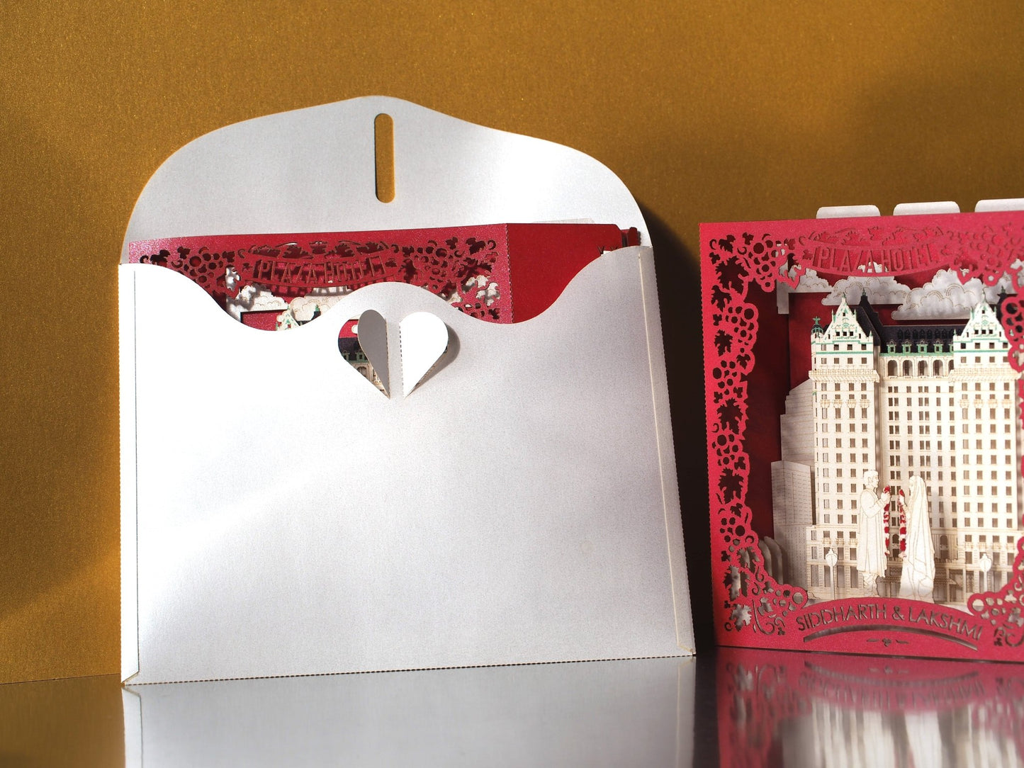 Wedding invitation card. USA, NYC, Plaza Hotel New York. Paper pop up RSVP inserts. Custom text. Bride and groom ColibriGift